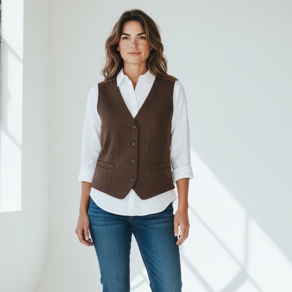 United Colors of Benetton Brown Herringbone Wool Blend Vest Made in Italy Size 6
